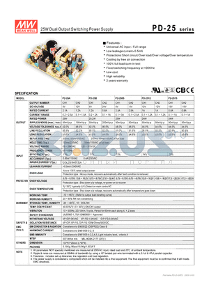 PD-25B datasheet - 25W Dual Output Switching Power Supply