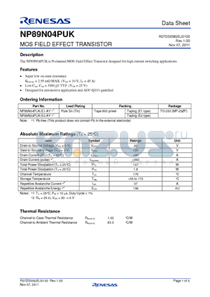 NP89N04PUK datasheet - MOS FIELD EFFECT TRANSISTOR