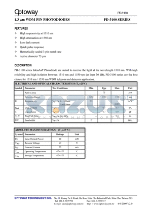 PD-3100_09 datasheet - 1.3 lm WDM PIN PHOTODIODES