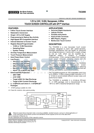 TSC2006IRTJT datasheet - 1.2V to 3.6V, 12-Bit, Nanopower, 4-Wire TOUCH SCREEN CONTROLLER with SPI Interface