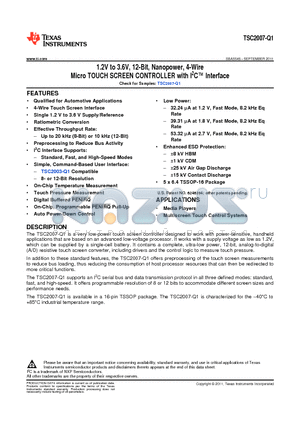 TSC2007IPWRQ1 datasheet - 1.2V to 3.6V, 12-Bit, Nanopower, 4-Wire Micro TOUCH SCREEN CONTROLLER with I2C Interface