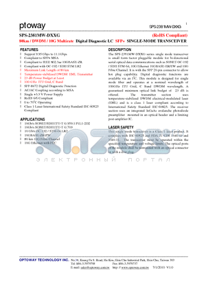 SPS-2381MW-D28G datasheet - 80km / DWDM / 10G Multirate Digital Diagnostic LC SFP SINGLE-MODE TRANSCEIVER