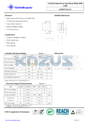 OSM57LS3C1A datasheet - 3.5x2.8x1.9mm Power Top Warm White SMD LED