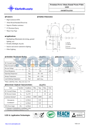 OSM573A131U datasheet - Premium Power 10mm Round Warm White LED