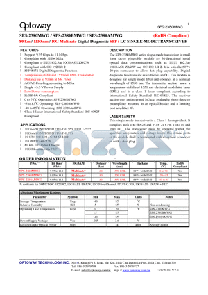 SPS-2380BMWG datasheet - 80 km / 1550 nm / 10G Multirate Digital Diagnostic SFP LC SINGLE-MODE TRANSCEIVER