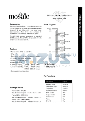 SYS32512LKI-012 datasheet - 512 K x 32 Static RAM