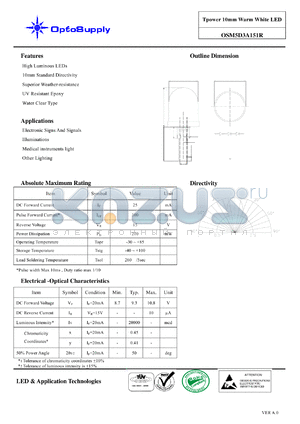 OSM5D3A151R datasheet - Tpower 10mm Warm White LED