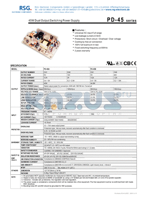 PD-45 datasheet - 45W Dual Output Switching Power Supply