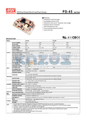 PD-45 datasheet - 45W Dual Output Switching Power Supply