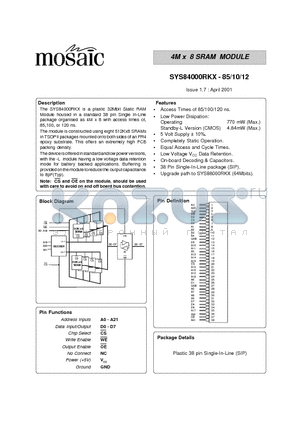 SYS84000RKXI-12 datasheet - 4M x 8 SRAM MODULE