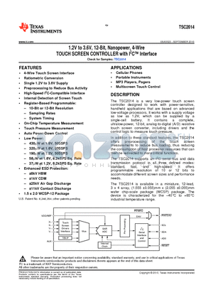 TSC2014 datasheet - 1.2V to 3.6V, 12-Bit, Nanopower, 4-Wire TOUCH SCREEN CONTROLLER with I2C Interface