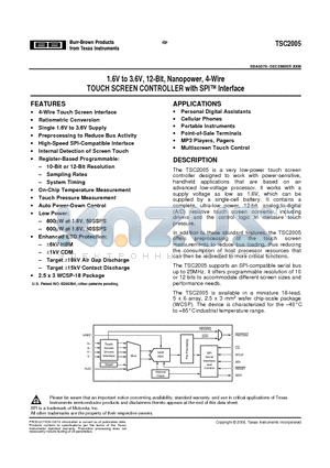 TSC2005IYZLR datasheet - 1.6V to 3.6V, 12-Bit, Nanopower, 4-Wire TOUCH SCREEN CONTROLLER with SPI Interface