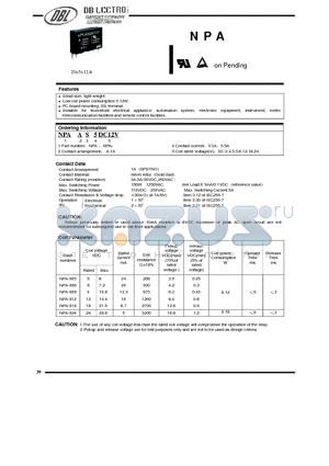 NPAA3DC12V datasheet - Low coil power consumption 0.12W. / PC board mounting, SIL terminal