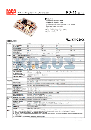 PD-45A datasheet - 45W Dual Output Switching Power Supply