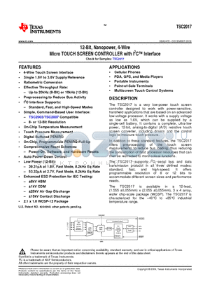 TSC2017IYZGT datasheet - 12-Bit, Nanopower, 4-Wire Micro TOUCH SCREEN CONTROLLER with I2C Interface