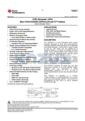 TSC2017 datasheet - 12-Bit, Nanopower, 4-Wire Micro TOUCH SCREEN CONTROLLER with I2C Interface