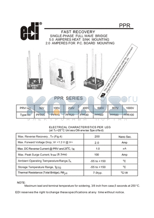 PPR10 datasheet - FAST RECOVERY SINGLE-PHASE FULL WAVE BRIDGE 5.0 AMPERES HEAT SINK MOUNTING 2.0 AMPERES FOR P.C. BOARD MOUNTING