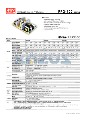 PPQ-100B datasheet - 100W Quad Output with PFC Function