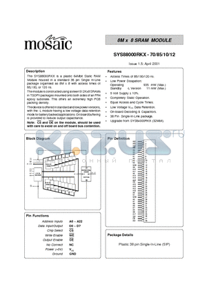 SYS88000RKXL-10 datasheet - 8M x 8 SRAM MODULE