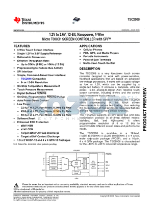 TSC2008IYZGR datasheet - 1.2V to 3.6V, 12-Bit, Nanopower, 4-Wire Micro TOUCH SCREEN CONTROLLER with SPI