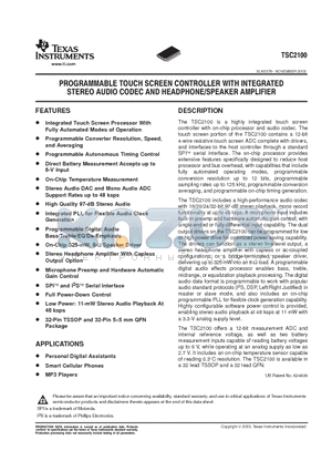 TSC2100 datasheet - PROGRAMMABLE TOUCH SCREEN CONTROLLER WITH INTEGRATED STEREO AUDIO CODEC AND HEADPHONE/SPEAKER AMPLIFIER