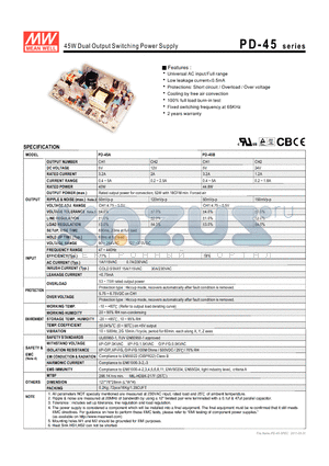 PD-45_11 datasheet - 45W Dual Output Switching Power Supply