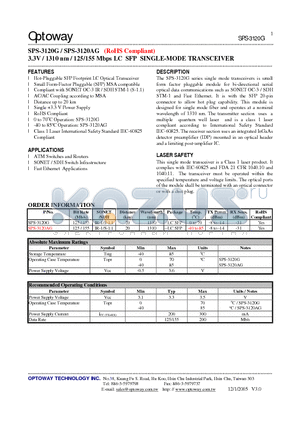 SPS-3120AG datasheet - 3.3V / 1310 nm / 125/155 Mbps LC SFP SINGLE-MODE TRANSCEIVER