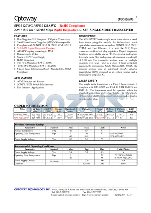 SPS-3120AWG datasheet - 3.3V / 1310 nm / 125/155 Mbps Digital Diagnostic LC SFP SINGLE-MODE TRANSCEIVER