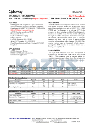SPS-3120AWG datasheet - 3.3V / 1310 nm / 125/155 Mbps Digital Diagnostic LC SFP SINGLE-MODE TRANSCEIVER