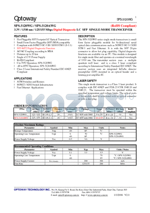 SPS-3120WG_08 datasheet - 3.3V / 1310 nm / 125/155 Mbps Digital Diagnostic LC SFP SINGLE-MODE TRANSCEIVER