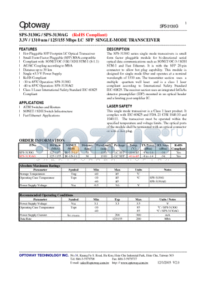 SPS-3130AG datasheet - 3.3V / 1310 nm / 125/155 Mbps LC SFP SINGLE-MODE TRANSCEIVER