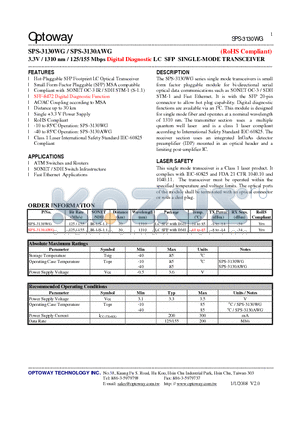 SPS-3130AWG datasheet - 3.3V / 1310 nm / 125/155 Mbps Digital Diagnostic LC SFP SINGLE-MODE TRANSCEIVER