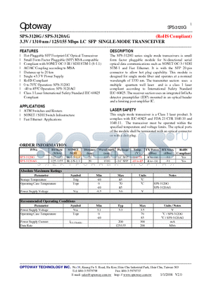 SPS-3120G_08 datasheet - 3.3V / 1310 nm / 125/155 Mbps LC SFP SINGLE-MODE TRANSCEIVER