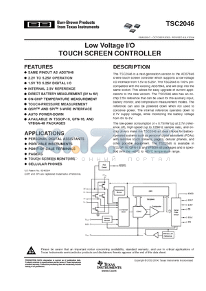 TSC2046EIZQCR datasheet - Low Voltage I/O TOUCH SCREEN CONTROLLER