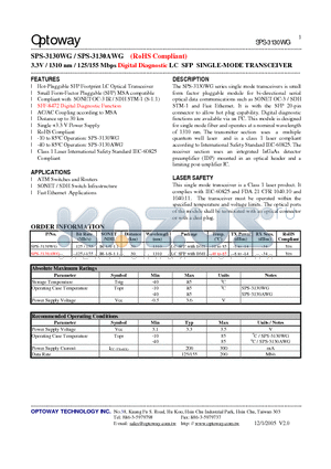 SPS-3130WG datasheet - 3.3V / 1310 nm / 125/155 Mbps Digital Diagnostic LC SFP SINGLE-MODE TRANSCEIVER