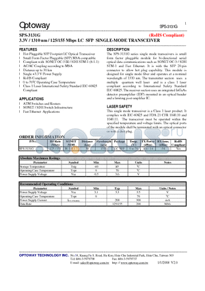 SPS-3131G datasheet - 3.3V / 1310 nm / 125/155 Mbps LC SFP SINGLE-MODE TRANSCEIVER