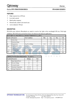 PD-8100_09 datasheet - GaAs PIN PHOTODIODES