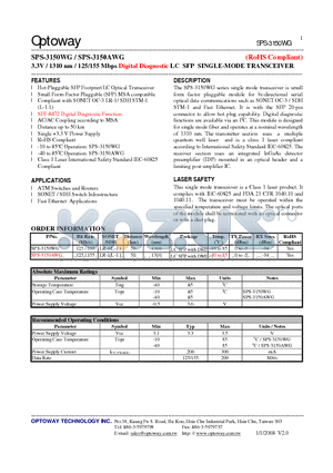 SPS-3150AWG datasheet - 3.3V / 1310 nm / 125/155 Mbps Digital Diagnostic LC SFP SINGLE-MODE TRANSCEIVER