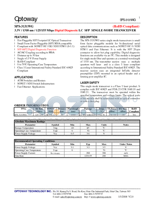 SPS-3131WG datasheet - 3.3V / 1310 nm / 125/155 Mbps Digital Diagnostic LC SFP SINGLE-MODE TRANSCEIVER