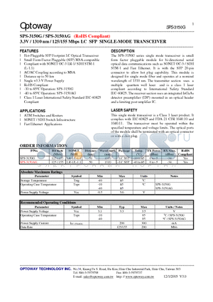 SPS-3150AG datasheet - 3.3V / 1310 nm / 125/155 Mbps LC SFP SINGLE-MODE TRANSCEIVER