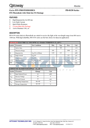 PD-8150 datasheet - GaAs PIN PHOTODIODES PIN Photodiode with Mini-Size TO Package