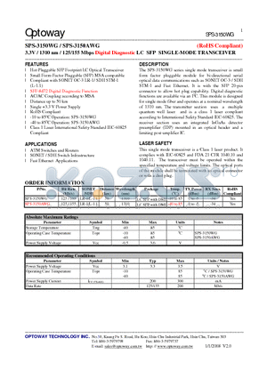SPS-3150WG_08 datasheet - 3.3V / 1310 nm / 125/155 Mbps Digital Diagnostic LC SFP SINGLE-MODE TRANSCEIVER