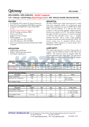 SPS-3150WG datasheet - 3.3V / 1310 nm / 125/155 Mbps Digital Diagnostic LC SFP SINGLE-MODE TRANSCEIVER
