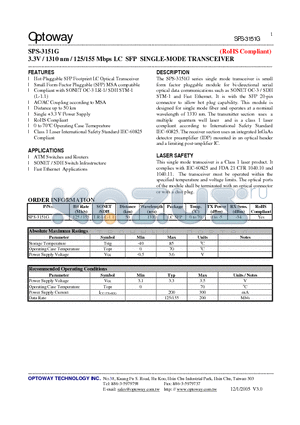 SPS-3151G datasheet - 3.3V / 1310 nm / 125/155 Mbps LC SFP SINGLE-MODE TRANSCEIVER