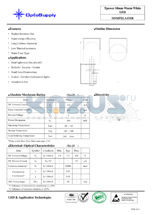 OSM5XLA151R datasheet - Tpower 10mm Warm White LED