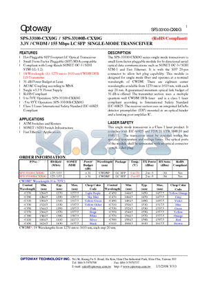 SPS-33100-CXX0G datasheet - 3.3V / CWDM/ 155 Mbps LC SFP SINGLE-MODE TRANSCEIVER