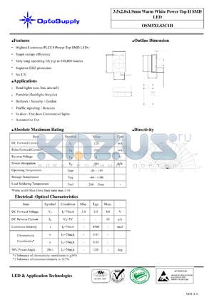 OSM5XLS3C1H datasheet - 3.5x2.8x1.9mm Warm White Power Top H SMD LED