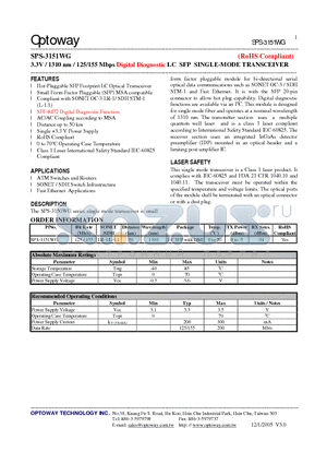 SPS-3151WG datasheet - 3.3V / 1310 nm / 125/155 Mbps Digital Diagnostic LC SFP SINGLE-MODE TRANSCEIVER