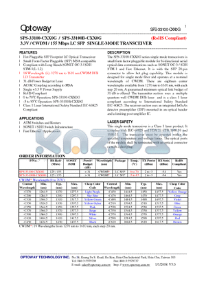 SPS-33100B-CXX0G datasheet - 3.3V / CWDM/ 155 Mbps LC SFP SINGLE-MODE TRANSCEIVER