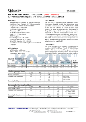 SPS-33100BG datasheet - 3.3V / 1550 nm / 155 Mbps LC SFP SINGLE-MODE TRANSCEIVER